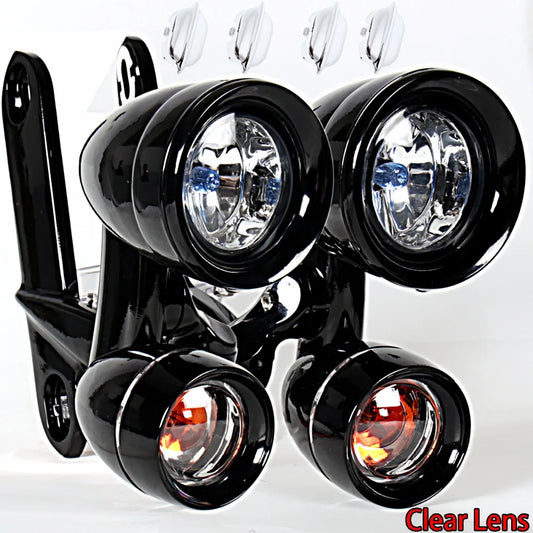 Gloss Black Fairing Mounted Driving Lights Turn Signals For Harley 1996-2013 Elctra Street Glide&1996-2023 Road King