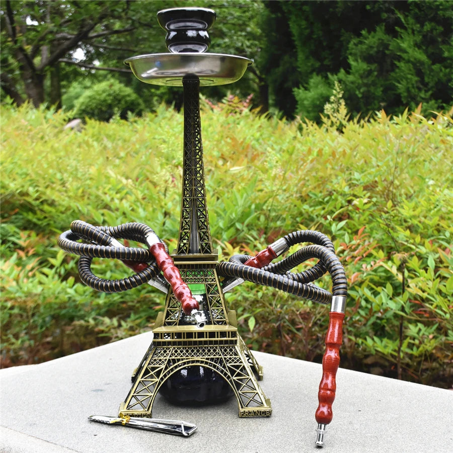 Paris Tower Metal Shisha Hookah Double Hose with Ceramics Bowl Charcoal Tongs Shisha Plate Hookah Acrylic Base Chicha Nargile
