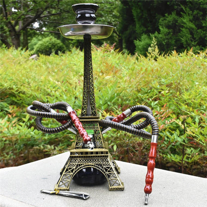 Paris Tower Metal Shisha Hookah Double Hose with Ceramics Bowl Charcoal Tongs Shisha Plate Hookah Acrylic Base Chicha Nargile