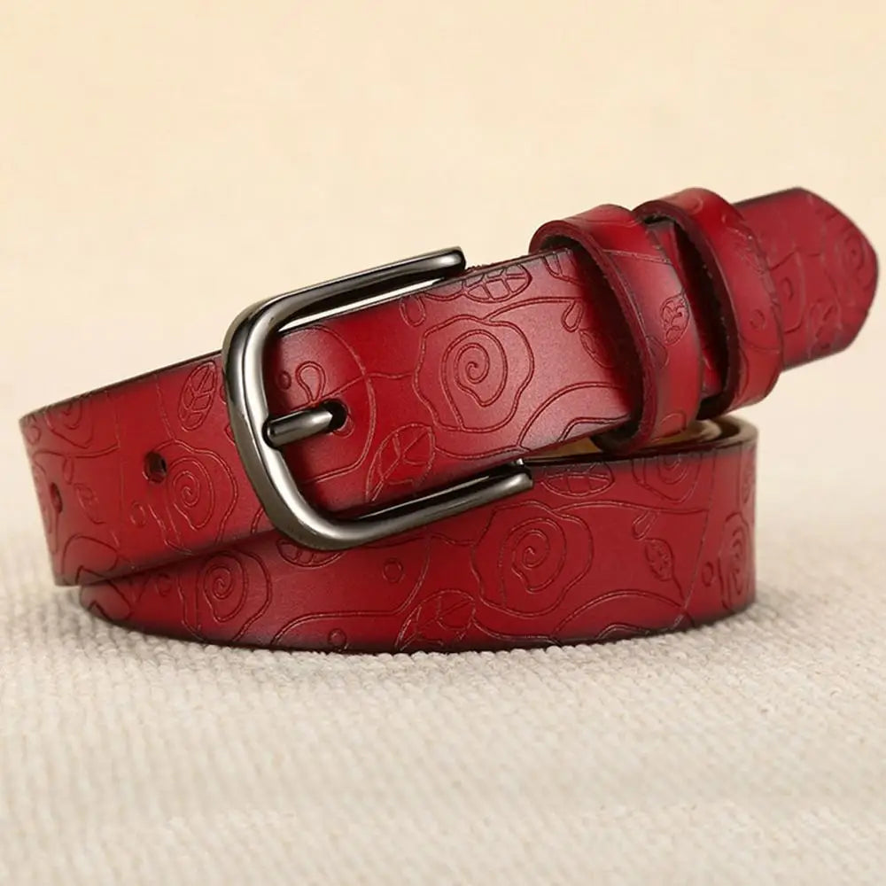 Fashion Design Floral Pattern Rose Red Genuine Leather Female Belt Women's Pin Buckle Metal Belts 28mm Wide 2023 FCO082