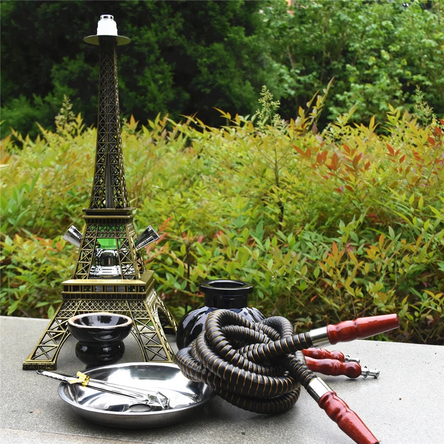 Paris Tower Metal Shisha Hookah Double Hose with Ceramics Bowl Charcoal Tongs Shisha Plate Hookah Acrylic Base Chicha Nargile