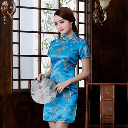 Chinese Style Women Dragon Phenix Qipao Classic Red Satin Cheongsam Plus Size Short Sleeve Mini Dress Vestidos 3XL 4XL 5XL 6XL