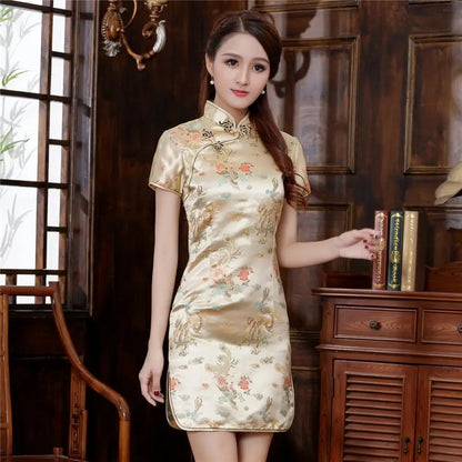 Chinese Style Women Dragon Phenix Qipao Classic Red Satin Cheongsam Plus Size Short Sleeve Mini Dress Vestidos 3XL 4XL 5XL 6XL