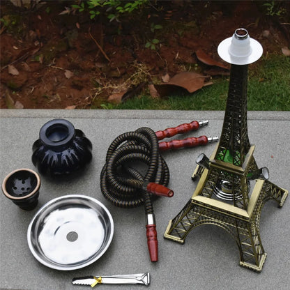 Paris Tower Metal Shisha Hookah Double Hose with Ceramics Bowl Charcoal Tongs Shisha Plate Hookah Acrylic Base Chicha Nargile