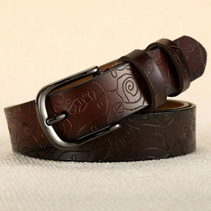 Fashion Design Floral Pattern Rose Red Genuine Leather Female Belt Women's Pin Buckle Metal Belts 28mm Wide 2023 FCO082