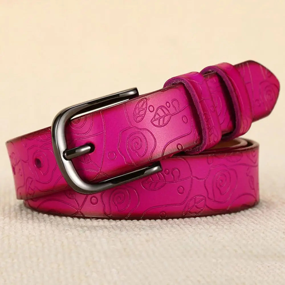 Fashion Design Floral Pattern Rose Red Genuine Leather Female Belt Women's Pin Buckle Metal Belts 28mm Wide 2023 FCO082