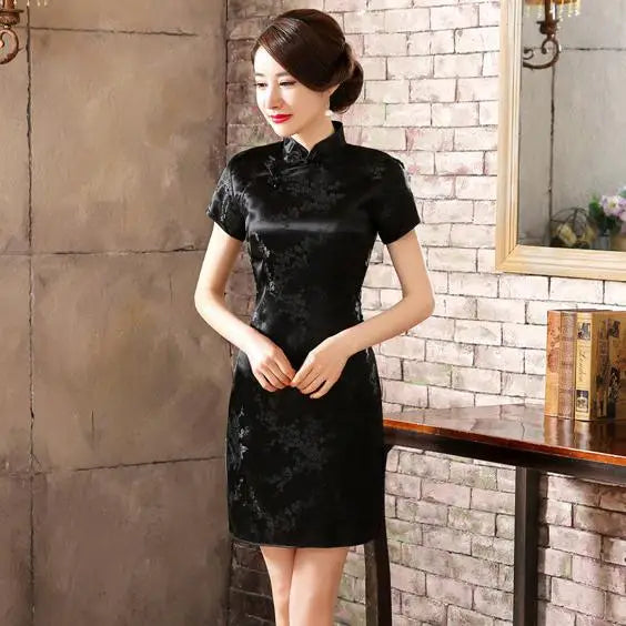 Chinese Style Women Dragon Phenix Qipao Classic Red Satin Cheongsam Plus Size Short Sleeve Mini Dress Vestidos 3XL 4XL 5XL 6XL
