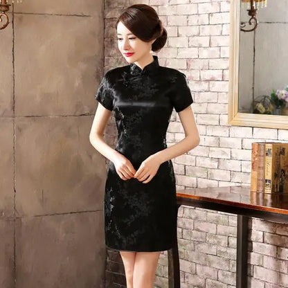 Chinese Style Women Dragon Phenix Qipao Classic Red Satin Cheongsam Plus Size Short Sleeve Mini Dress Vestidos 3XL 4XL 5XL 6XL