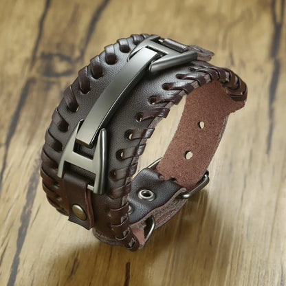 Vnox Wide Leather Wristband for Men Stylish Genuine Leather Bangle with Metal Charm Bracelets Punk Male Pulseira