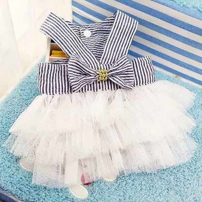 Spring Pet Summer Bowknot Pet Costume Dress Pet Dog Striped Cat Dog Puppy Wedding Princess Skirt Dog Clothes Home Pet Supplies