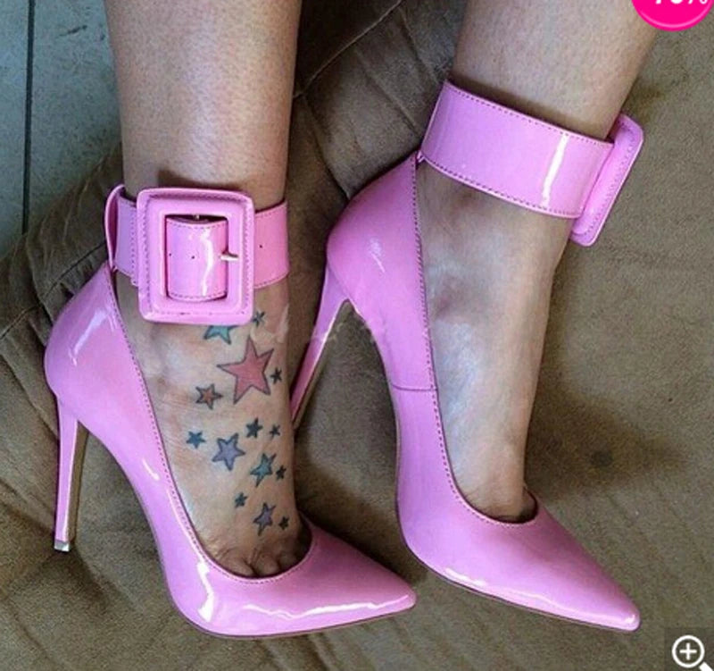 Ladies Charming Pink Patent Leather Pointed Toe Ankle Wrap Pumps Buckle Design Classical Style High Heels Formal Dress Shoes