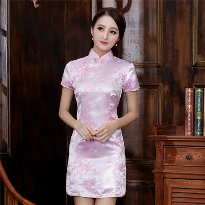 Chinese Style Women Dragon Phenix Qipao Classic Red Satin Cheongsam Plus Size Short Sleeve Mini Dress Vestidos 3XL 4XL 5XL 6XL