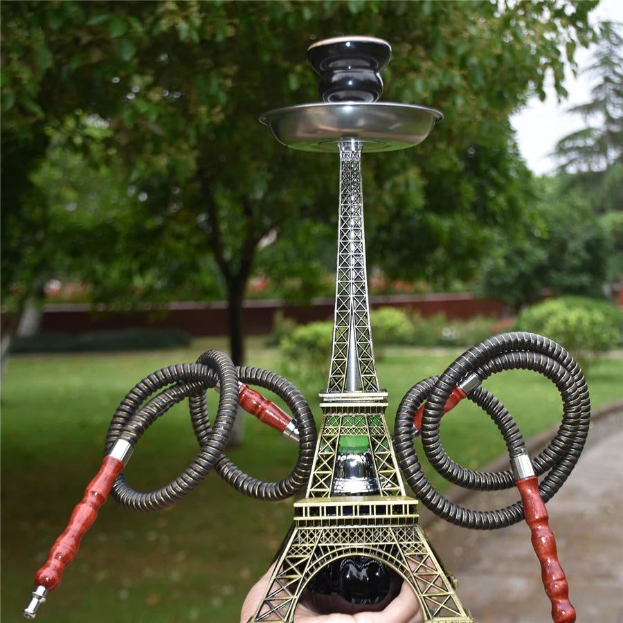 Paris Tower Metal Shisha Hookah Double Hose with Ceramics Bowl Charcoal Tongs Shisha Plate Hookah Acrylic Base Chicha Nargile