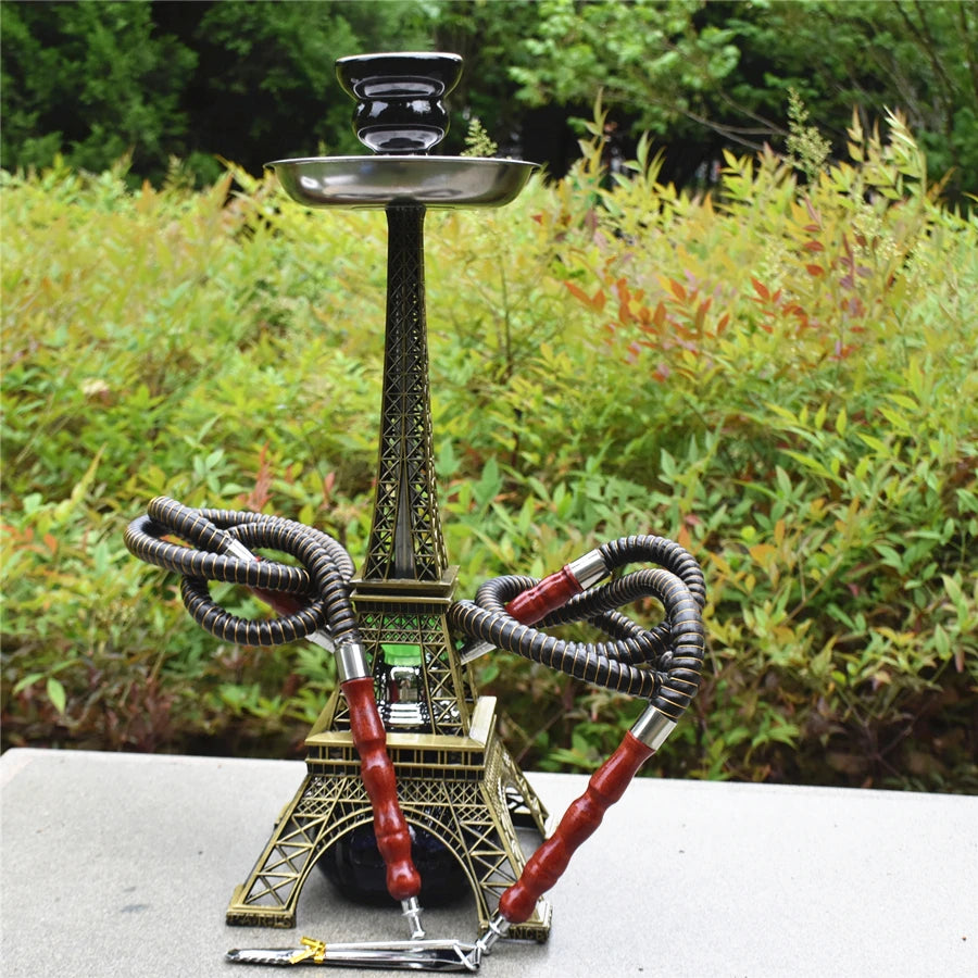 Paris Tower Metal Shisha Hookah Double Hose with Ceramics Bowl Charcoal Tongs Shisha Plate Hookah Acrylic Base Chicha Nargile