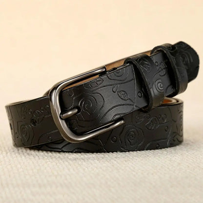 Fashion Design Floral Pattern Rose Red Genuine Leather Female Belt Women's Pin Buckle Metal Belts 28mm Wide 2023 FCO082