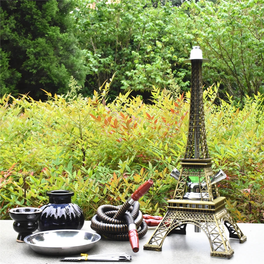 Paris Tower Metal Shisha Hookah Double Hose with Ceramics Bowl Charcoal Tongs Shisha Plate Hookah Acrylic Base Chicha Nargile