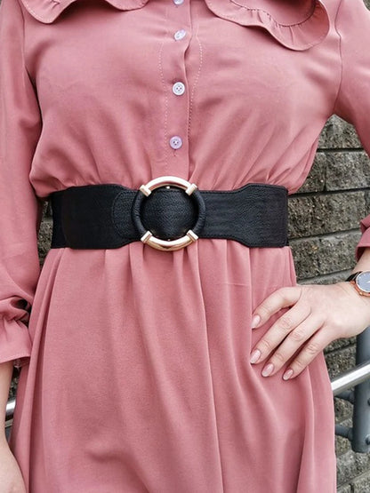 Women’s Elastic Stretch Wide Waist Belts w Wrapped Gold Circle Buckle