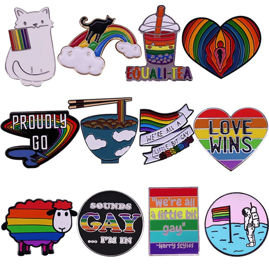 LGBTQ LGBT Gay Pride Rainbow Flag badge HS We're a little bit gay Moon Sounds Gay I'm In Love Wins Proudly Go Purride Cat Pin