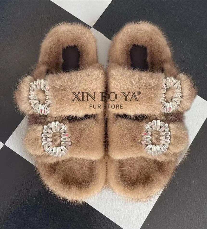 Summer Women Mink Fur Slippers Woman Luxury 2026 Women's Sandals Outdoor Fashion Casual Shoes Fur Mule Shoes Opentoed Slides
