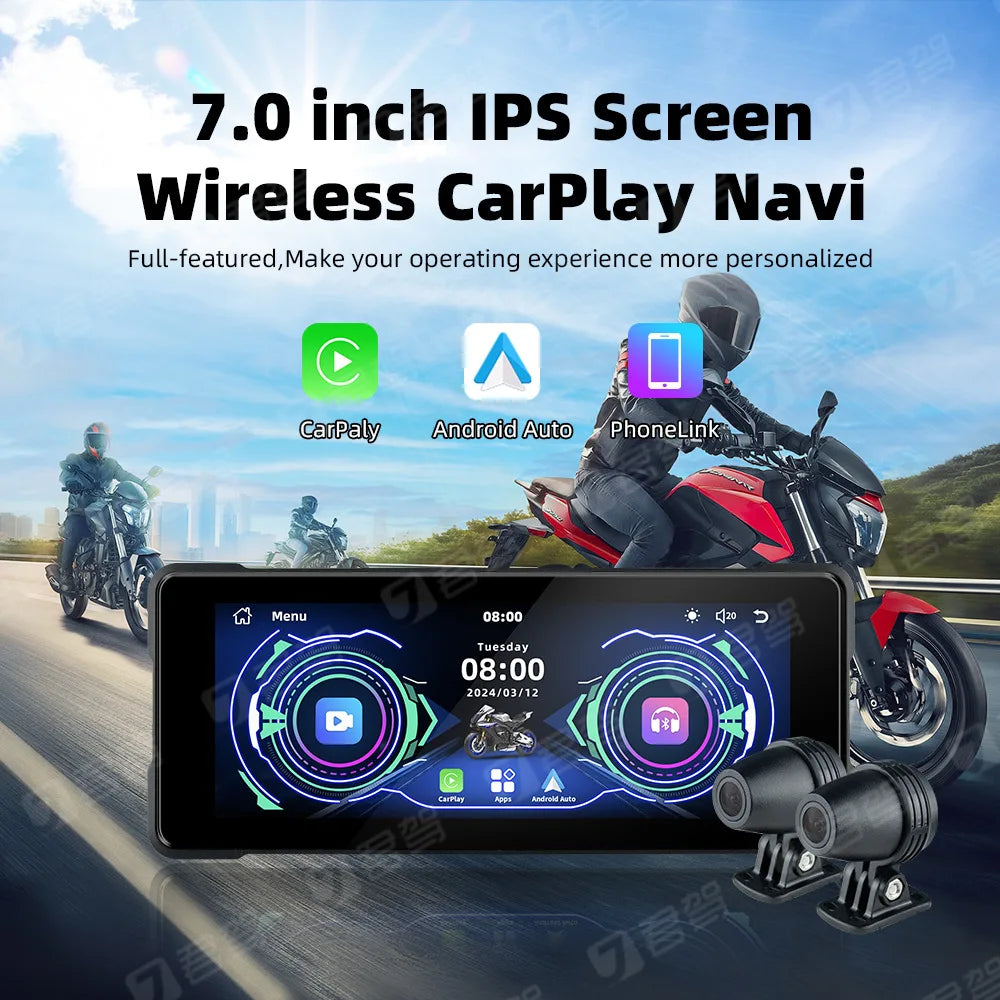 7 Inch Big Screen Wireless Carplay Waterproof IP67 ABS Material with Front and Back Dash Camera for Motorcycle and Car