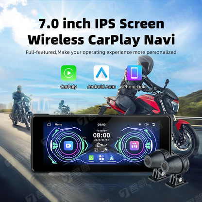 7 Inch Big Screen Wireless Carplay Waterproof IP67 ABS Material with Front and Back Dash Camera for Motorcycle and Car