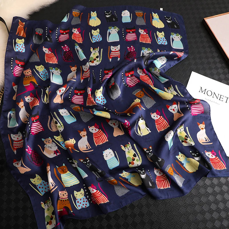 Spring and summer NEW Luxury Brand 90x90cm Silk Square Scarf Women Tie Hairband Cat printed Scarves Female Foulard scarf stores