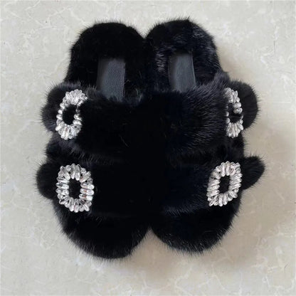 Summer Women Mink Fur Slippers Woman Luxury 2026 Women's Sandals Outdoor Fashion Casual Shoes Fur Mule Shoes Opentoed Slides