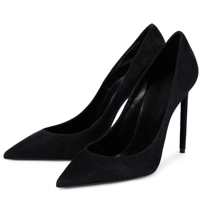Large Size Classic Ladies Shoes Black Faux Suede Silk Thin Heel Pointed Toe Party Stilettos High Heels Pumps Women Footwear