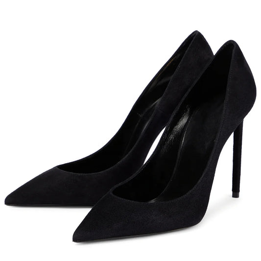 Large Size Classic Ladies Shoes Black Faux Suede Silk Thin Heel Pointed Toe Party Stilettos High Heels Pumps Women Footwear