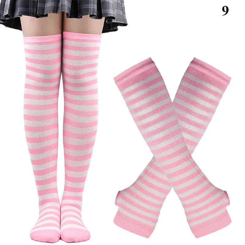 2Pair/Set Women Gothic Punk Over Knee Long Stripe Socks Girl Arm Sleeve Gloves Thigh High Cotton Socks Sweet Cute Christmas Gift