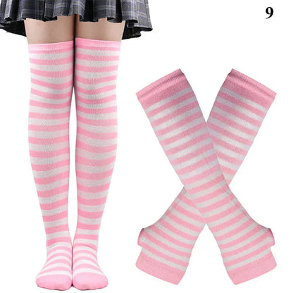 2Pair/Set Women Gothic Punk Over Knee Long Stripe Socks Girl Arm Sleeve Gloves Thigh High Cotton Socks Sweet Cute Christmas Gift