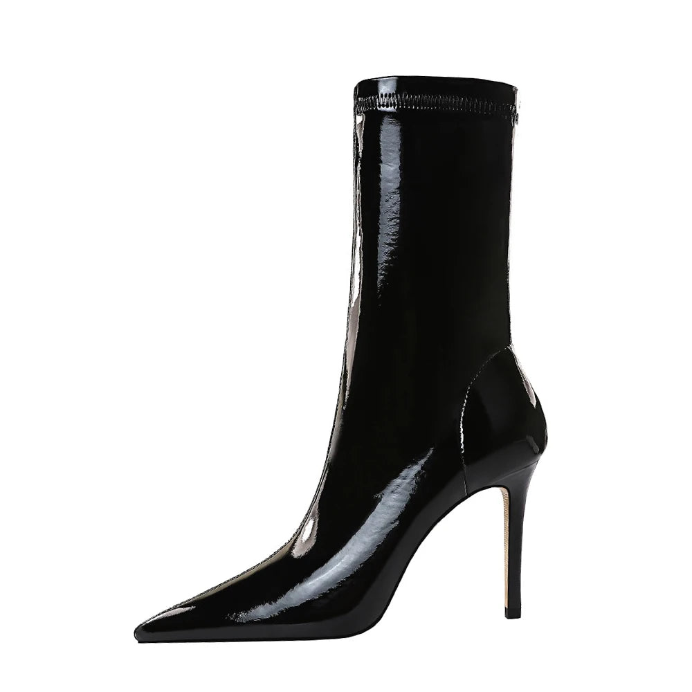 315-13 BIGTREE New Women's Boots for 2020 Slimming High Heels for Women Elastic Patent Leather Ankle Boots Pointy Ladies' Shoes