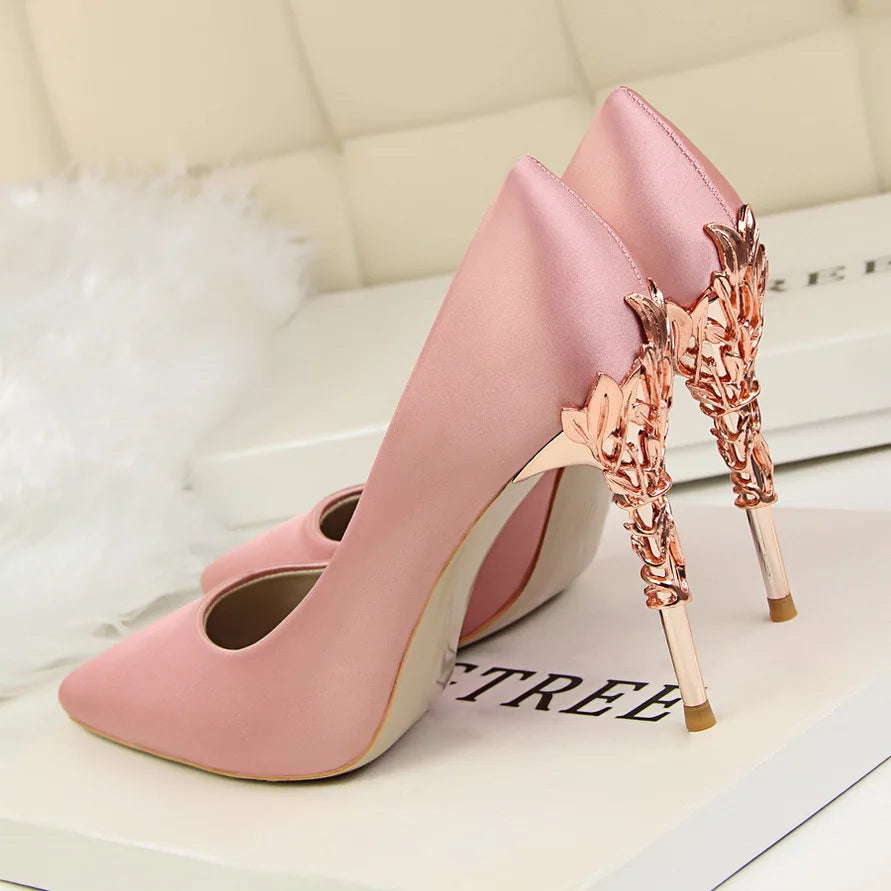 Metal Carved Thin Heel High Heels Pumps Women Shoes Sexy Pointed Toe Ladies Shoes Fashion Candy Colors Wedding Shoes WomanMetal