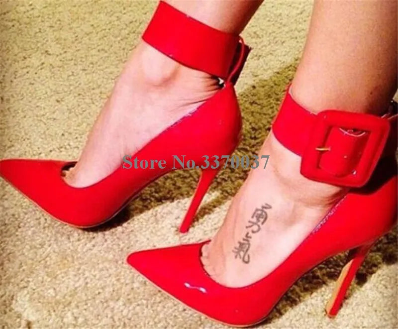 Ladies Charming Pink Patent Leather Pointed Toe Ankle Wrap Pumps Buckle Design Classical Style High Heels Formal Dress Shoes