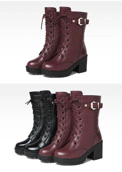 2025 Winter Leather Women Winter Boots Thick Wool Warm Women High-heeled Genuine Boot High-quality Female Snow Boots Women Shoes