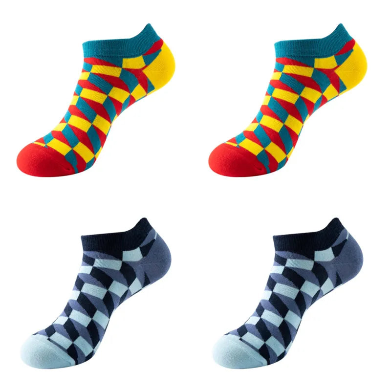 4 pairs Men's And Women's Latest Design Boat Socks Short Summer Socks Quality Business Geometric Lattice Colorful  Cotton Socks