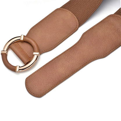 Women’s Elastic Stretch Wide Waist Belts w Wrapped Gold Circle Buckle