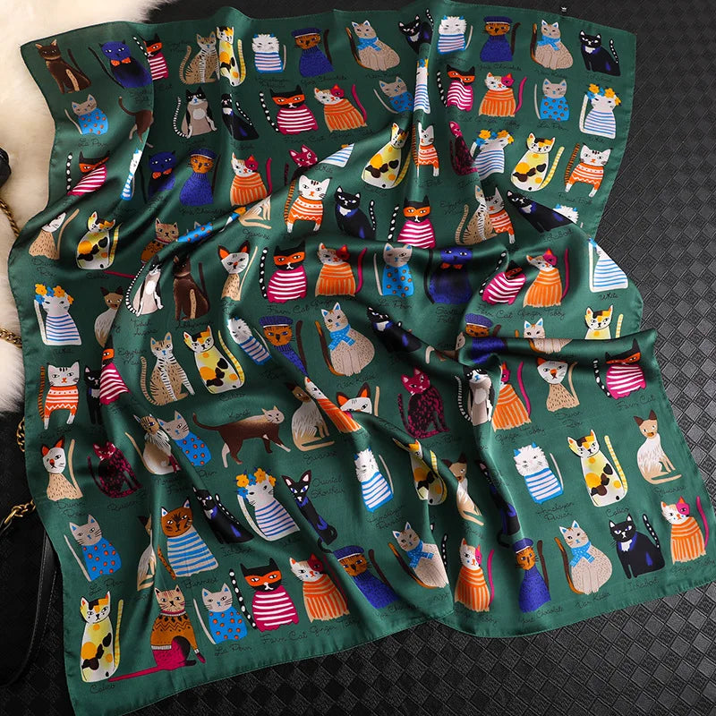Spring and summer NEW Luxury Brand 90x90cm Silk Square Scarf Women Tie Hairband Cat printed Scarves Female Foulard scarf stores