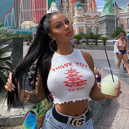 Knitting Print O Neck Off Shoulder Tank Top Summer Women Casual Slim Streetwear Crop Top Female Vacation Clothes Top