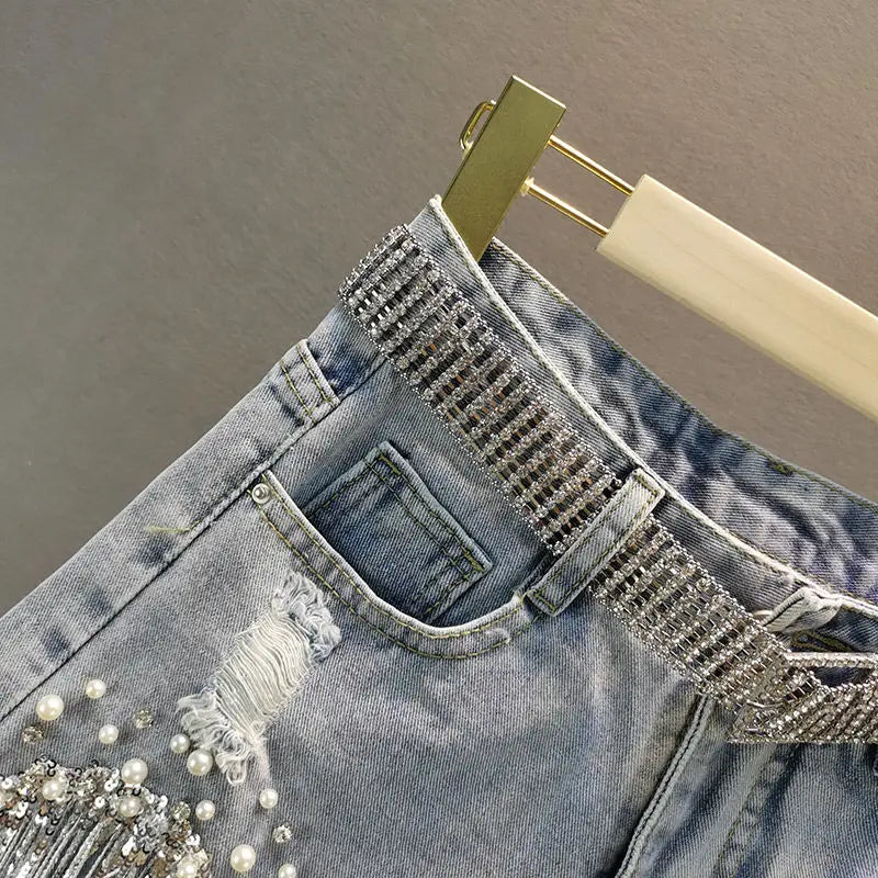 Summer Elegant Shorts Lady Tassel Beading High Waist Wide Leg Denim Shorts Female Casual Solid Shorts Jeans for Women Clothing