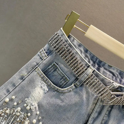 Summer Elegant Shorts Lady Tassel Beading High Waist Wide Leg Denim Shorts Female Casual Solid Shorts Jeans for Women Clothing