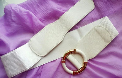 Women’s Elastic Stretch Wide Waist Belts w Wrapped Gold Circle Buckle