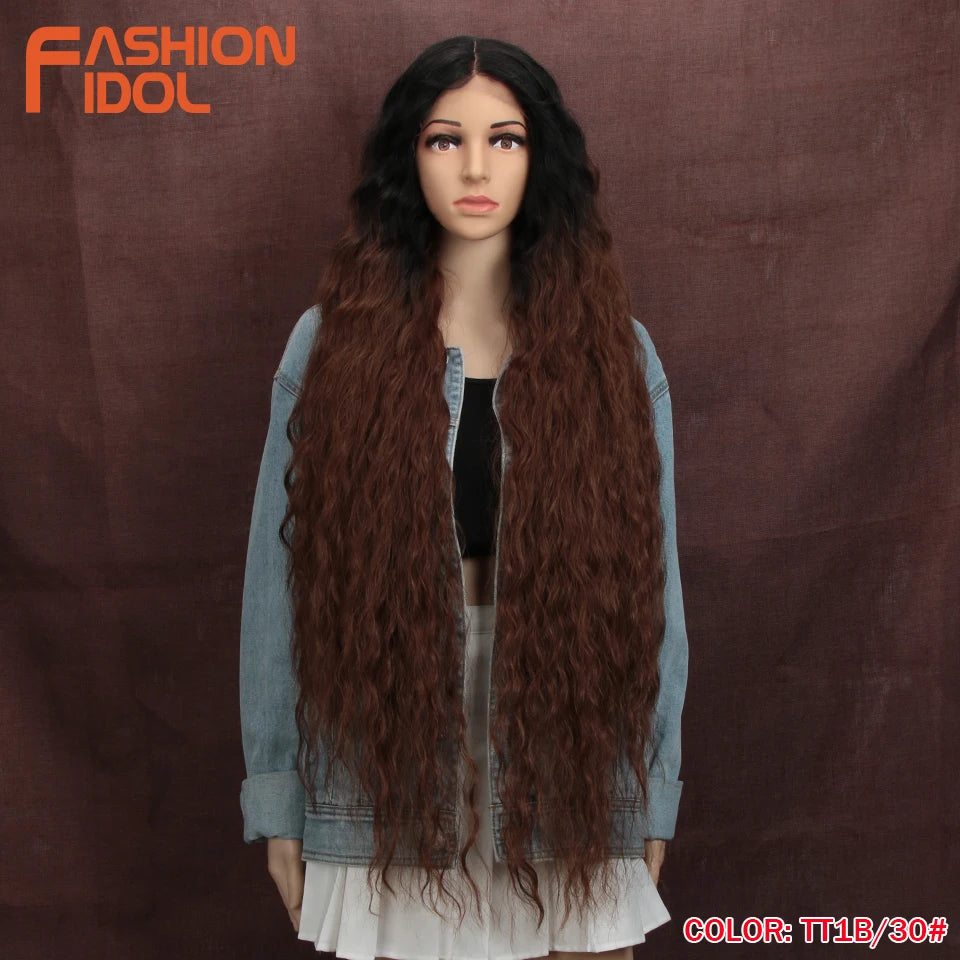 FASHION IDOL 42" Loose Wave Lace Front Wig Hair Synthetic Wigs For Women Ombre Blonde Water Wavy Long Curly Hair Wig Cosplay