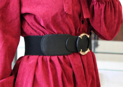 Women’s Elastic Stretch Wide Waist Belts w Wrapped Gold Circle Buckle