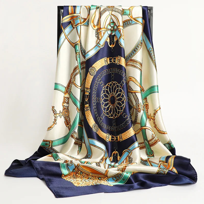 Handkerchiefs Hair Silk Scarf 90*90cm Print Satin Big Square Silk Scarves Shawls for Women Luxury Brand Designer Hijab Headband