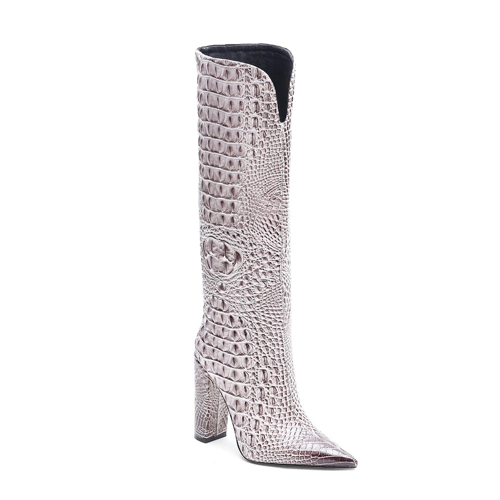 Custom Elegant Women's Knee High Heels Boots Hot Selling Pointed Toe Ladies Shoes with Chunky Heel for Winter