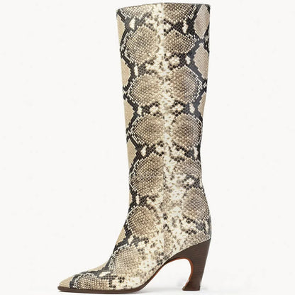 Fancy Design Heels Snake Print Women Leather Knee High Boots Dark Denim Big Size 44 Long Booties Custom Logo Ladies Shoes