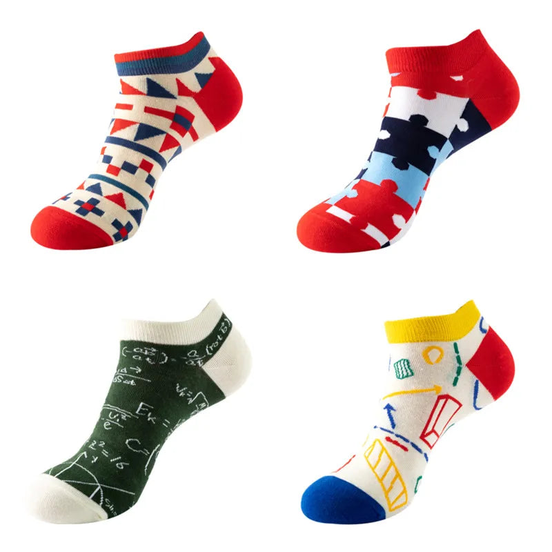 4 pairs Men's And Women's Latest Design Boat Socks Short Summer Socks Quality Business Geometric Lattice Colorful  Cotton Socks