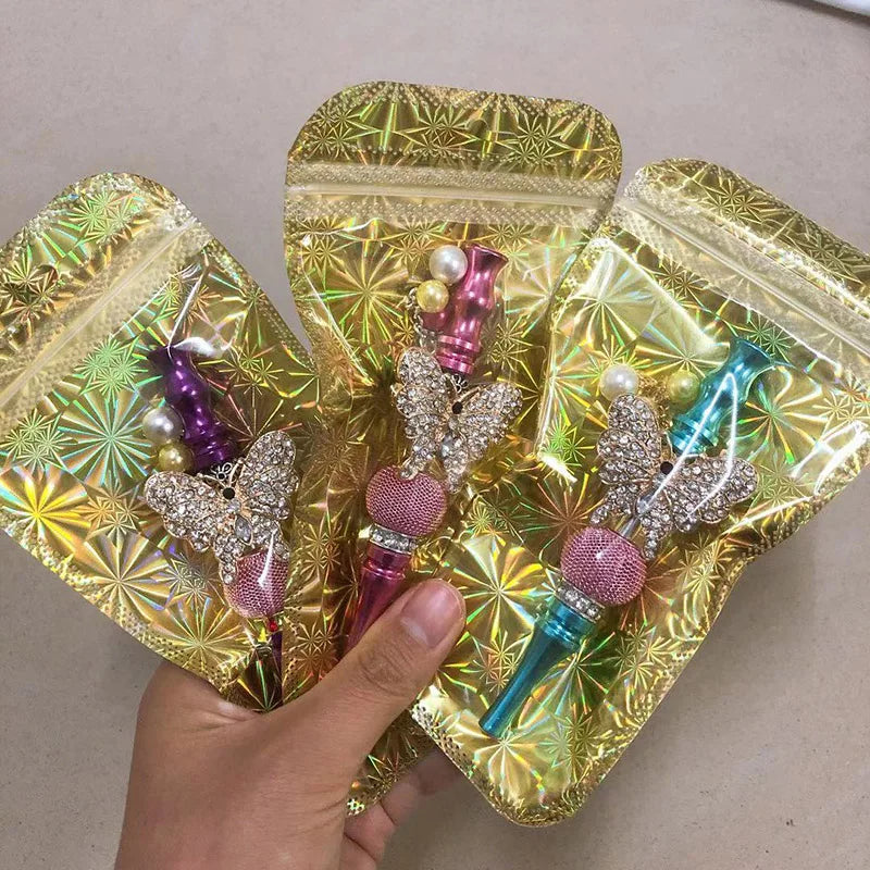 Women Bling Shiny Butterfly Animal Jewelry Ball Handmade Inlaid  Blunt Holder Shisha Hookah Mouthpiece Tips With Laser Gift Bag