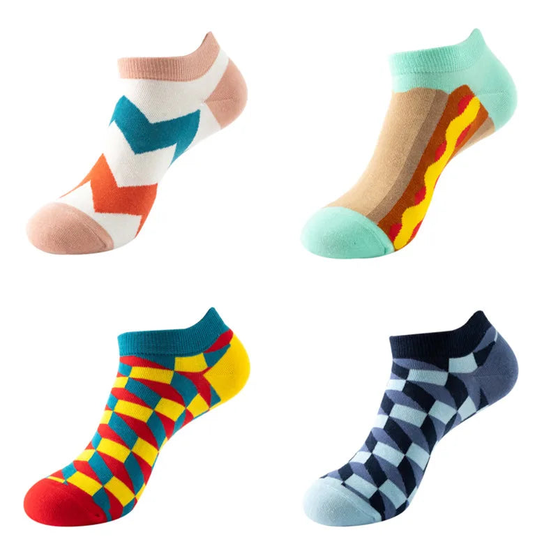 4 pairs Men's And Women's Latest Design Boat Socks Short Summer Socks Quality Business Geometric Lattice Colorful  Cotton Socks
